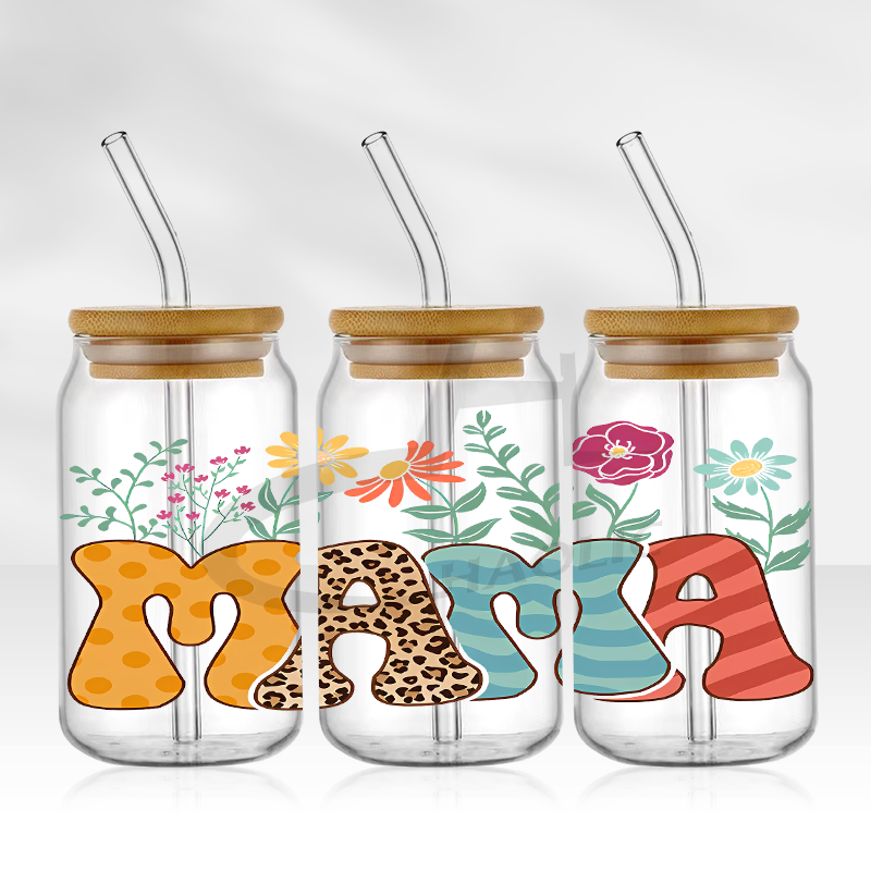 Envolturas de copa UV DTF, transferencias, del Día de la madre, pegatina para mamá, transferencia de hierro para lata de vidrio, libbey de 16oz