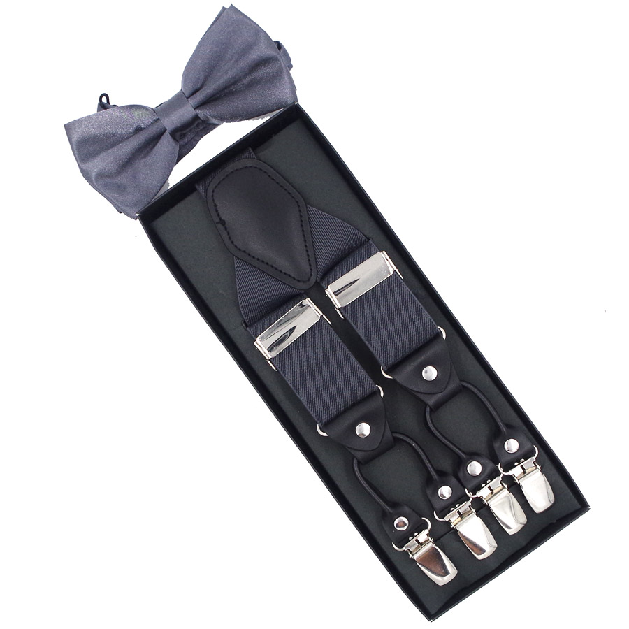 JIERKU Suspenders Set Man&#39;s Braces with Bow Tie 6 Clips Suspensorio Trousers Strap Father/Husband&#39;s TZBD001