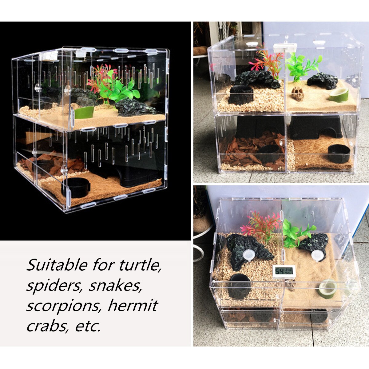 Tanque de Reptiles para mascotas, terrario acrílico, arañas, lagartijas, jaula para casa, 2 rejillas, Reptiles de mascotas, terrarios transparentes