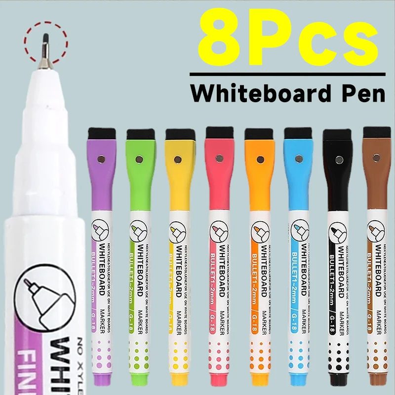 Caneta magnética para quadro branco, 8 cores, canetas para limpeza a seco, ponta fina, marcadores apagáveis a seco, caneta de pintura para crianças: Branco