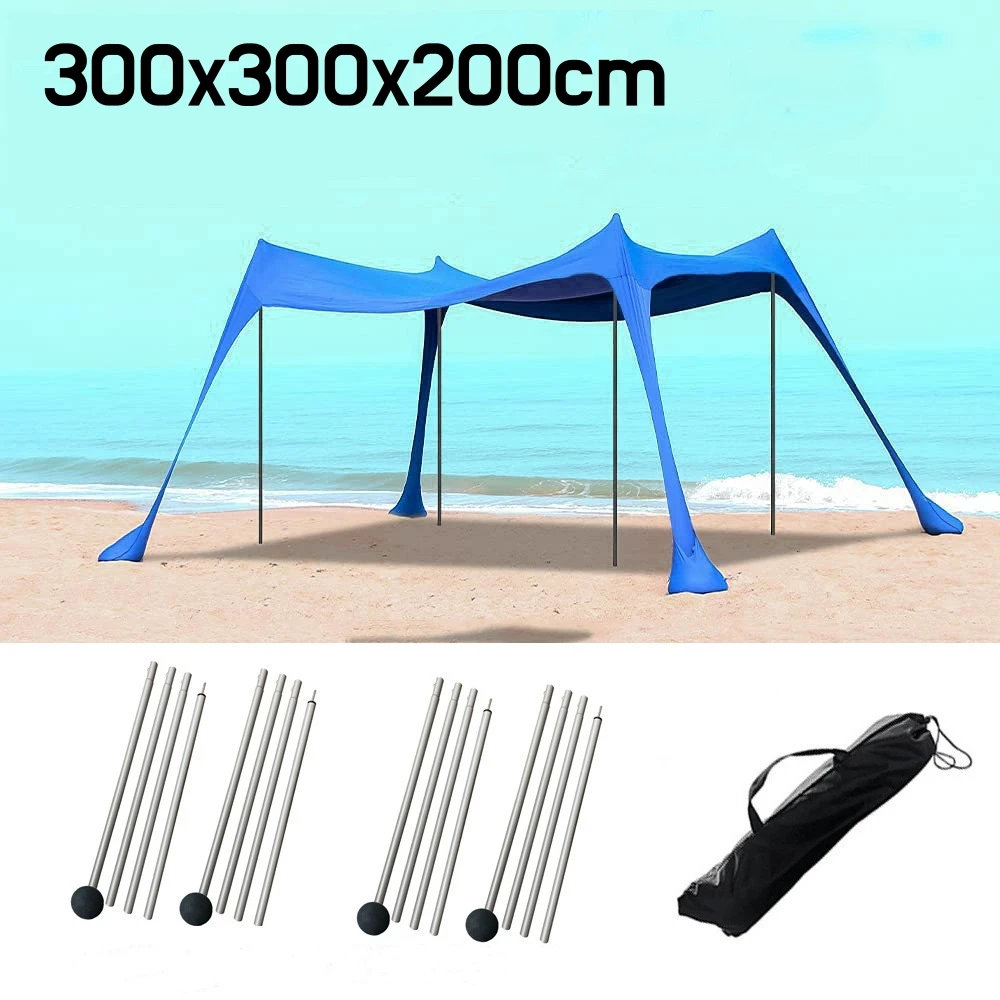 Auvent de plage coupe-vent, tente de plage extérieure, 4 pôles, grand abri solaire, tentes de Camping, parapluie de plage pliant coupe-vent