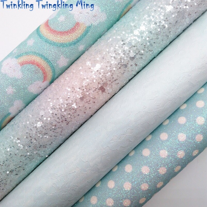 Pastel regenboog glitter leer, stippen regenboog bedrukt synthetisch leer imitatie stof voor strik 21 x 29cm twinkling ming  km374
