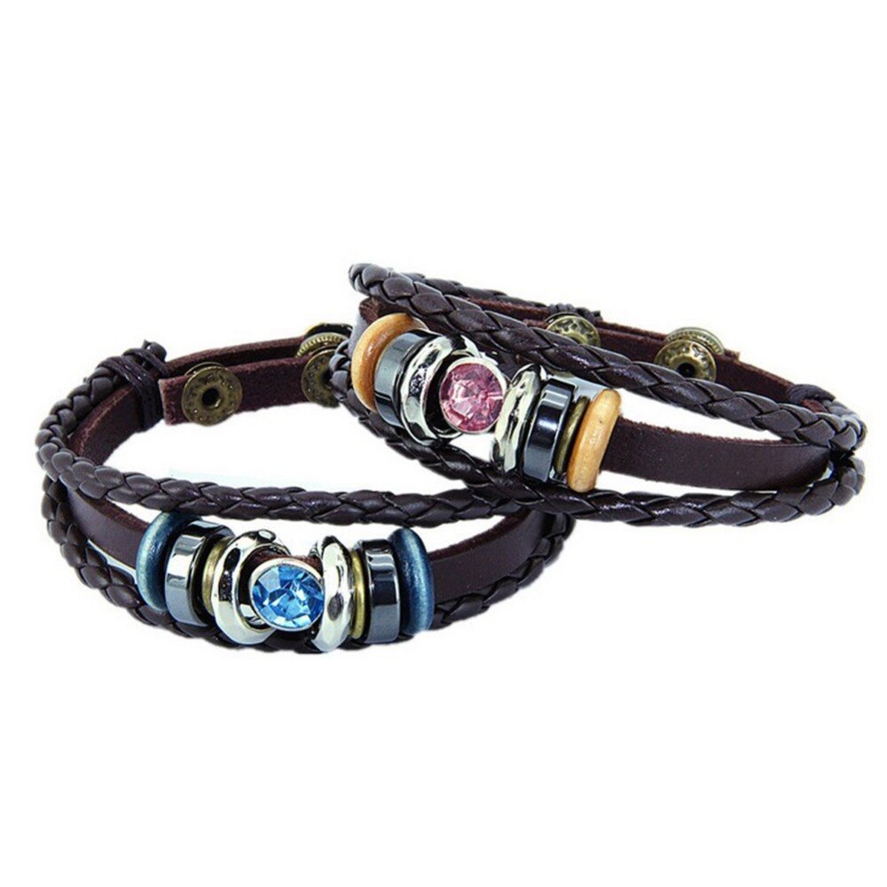 National Braided Leather Bracelet Lovers Bracelets Color Blue Pink Stone