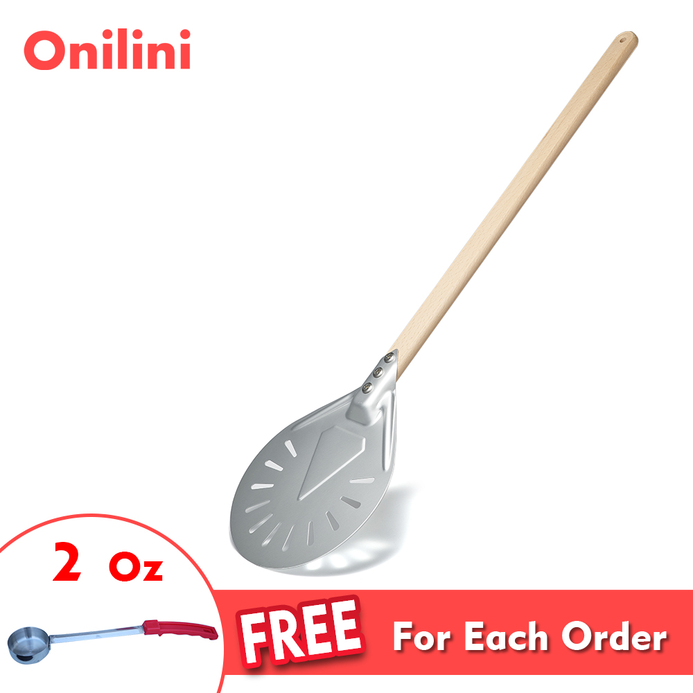 Onilini 7/8/9 inch Perforated Pizza Peel Anodized Wooden Handle Short Pizzas Shovel Pizza Shovel Paddle with Free Spoon