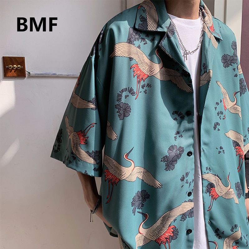 Sommer løs kortærmet skjorte herretøj ulzzang koreansk stil tøj krantryk hawaiiansk hiphop oversized skjorte til mænd