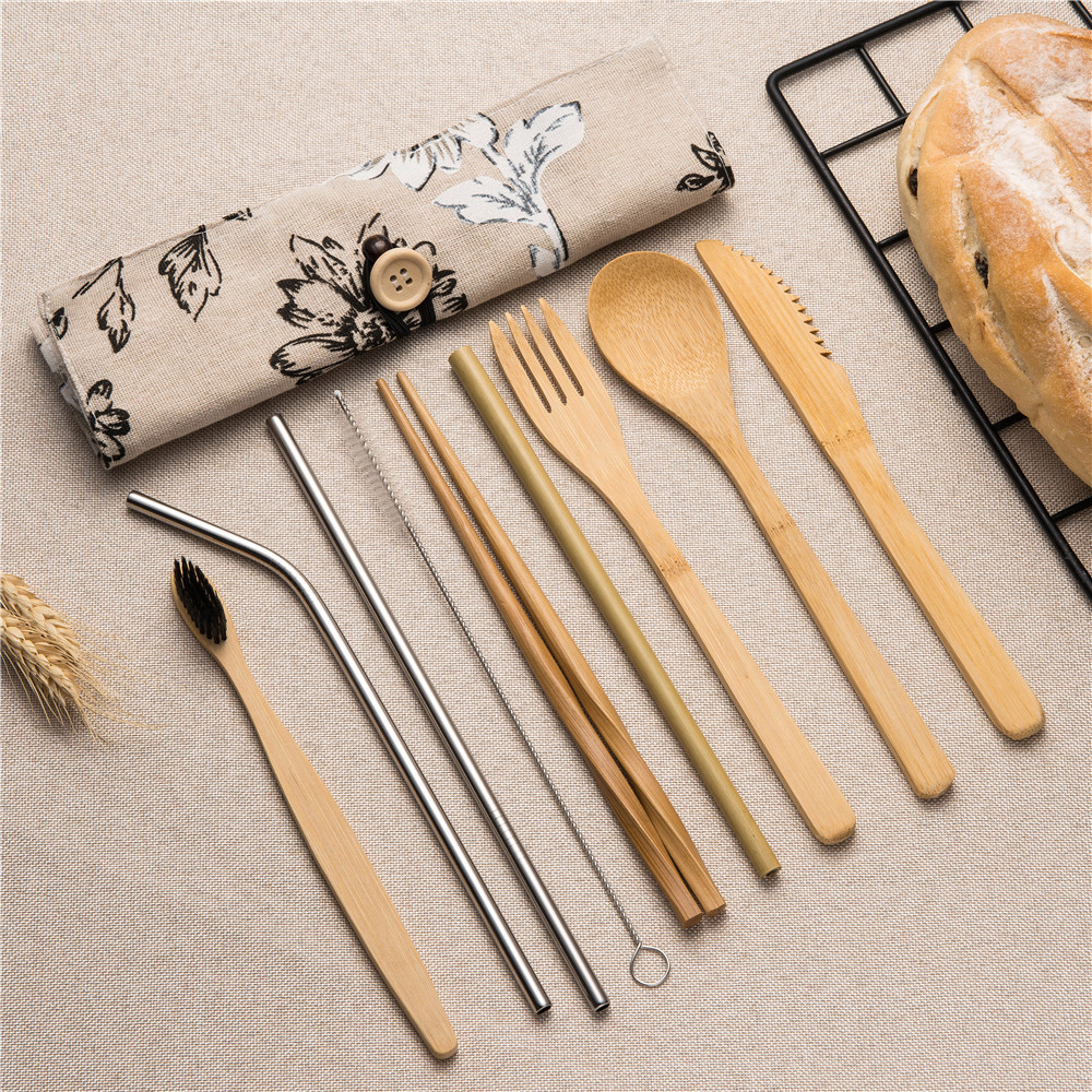 10 stuks Herbruikbare Bamboe Bestek Set Draagbare Servies Houten Bestek Vork Lepel Mes Set met Bestek Tas voor Travel Dinning set: 10pcs set004