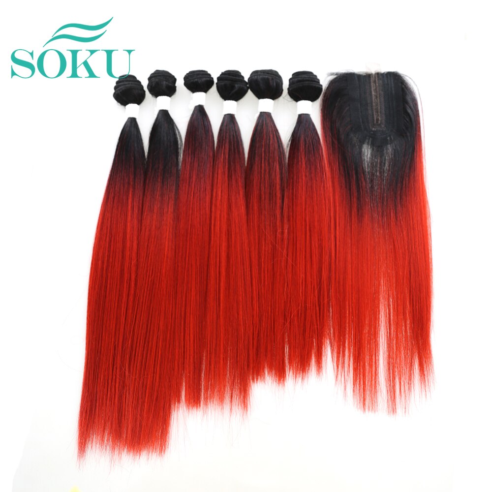 Soku Rood Haar Bundels Met Sluiting 14-18Inch Synthetisch Haar Bundels Met Vetersluiting Yaki Steil Haar Weave extensions