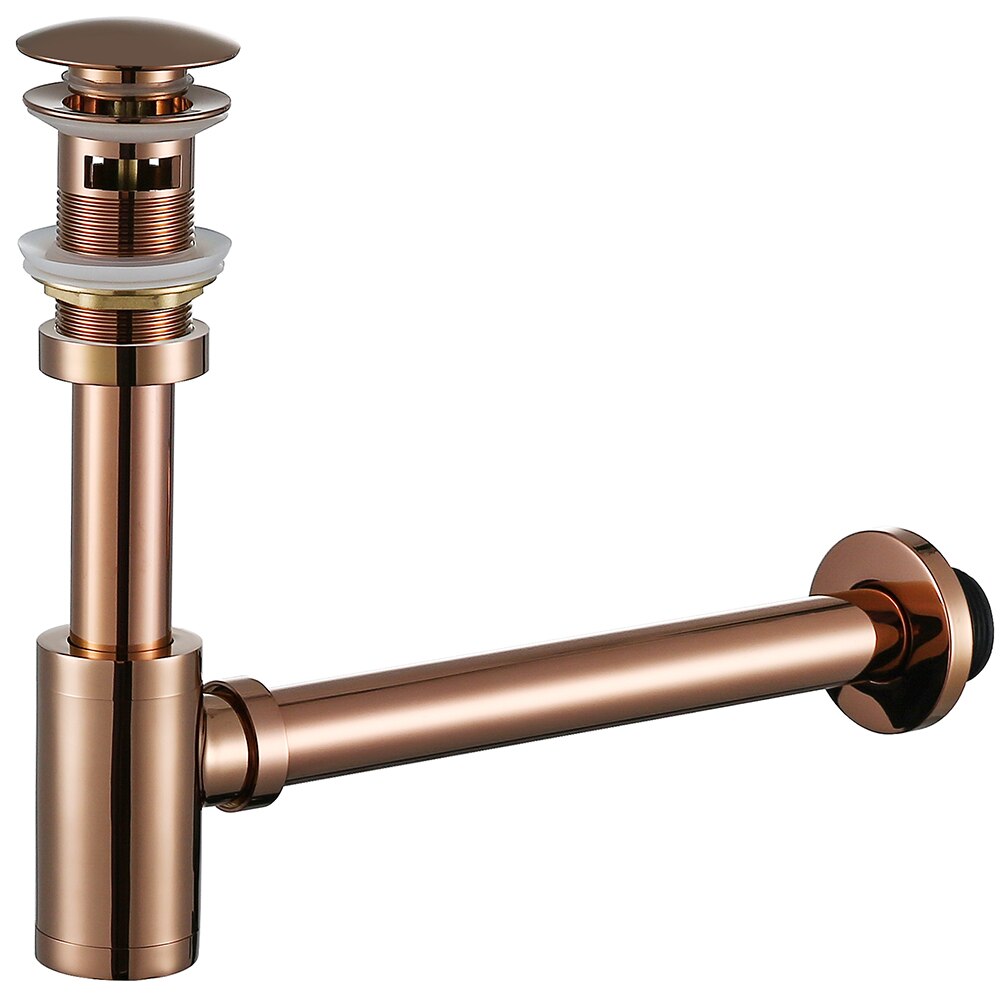Rose Gold Fles Val Ronde Sifon Massief Messing P-TRAP Badkamer Ijdelheid Wastafel Pipe Afval Messing Pop Up Afvoer Met Over flow.
