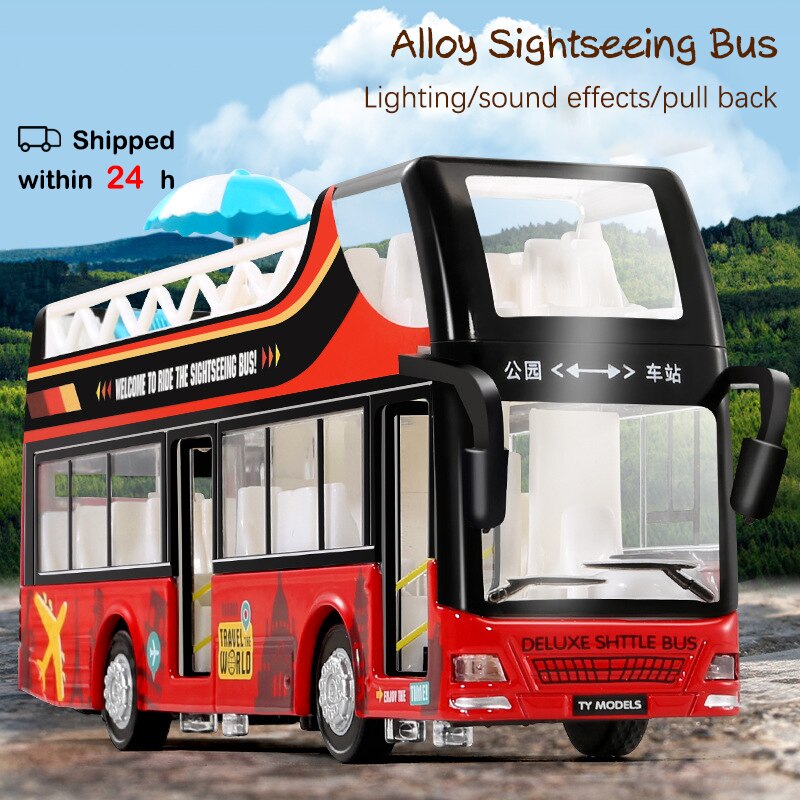 Children&#39;s toy simulation alloy car model double-decker bus bus boy toy sound and light can open the door car decoration