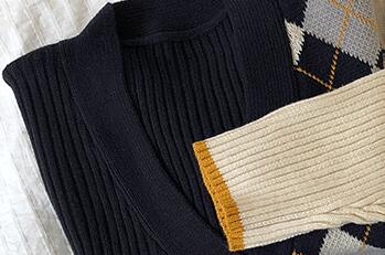 3 färger vår och höst koreansk stil färg patchwork v-ringad pläd stickade koftor dam tröjor dam  (x180): Marinblå