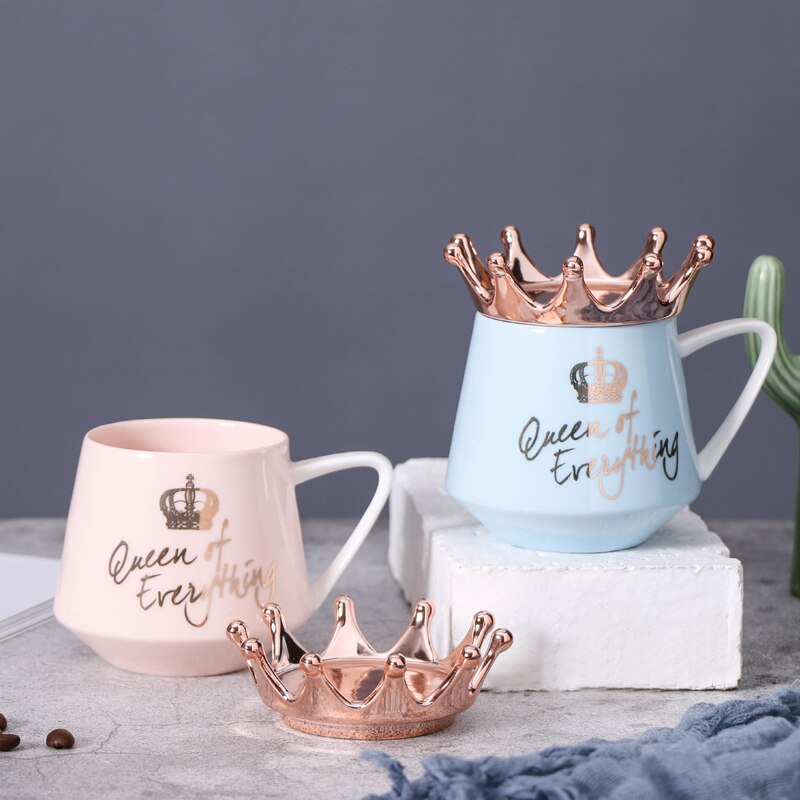 Criativo coroa cerâmica caneca rosa bonito caneca de café nórdico copo de leite com colher tampas café xícara de chá canecas de água lembranças do feriado presente