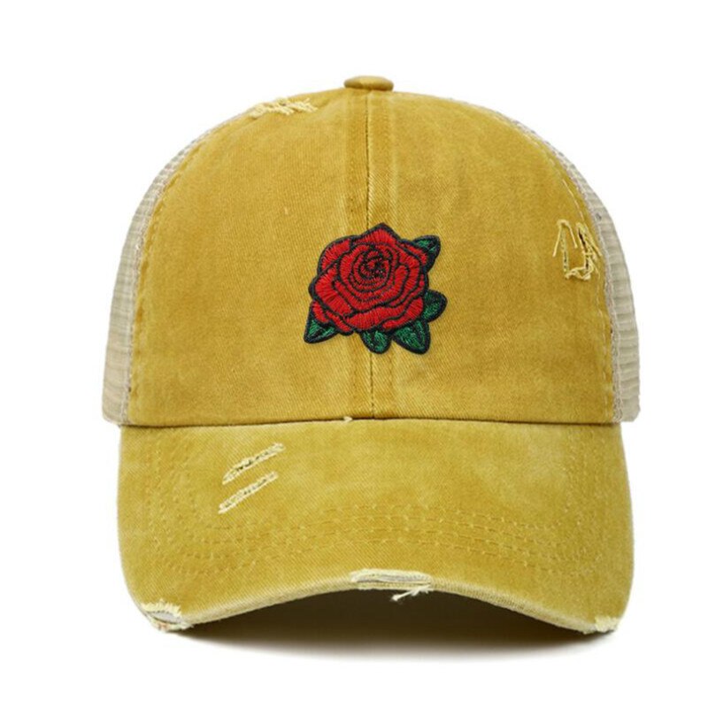 rose distress mesh baseball cap hip hop outdoor sports summer women cap embroidery flower snapback hat cap curved cap: Yellow