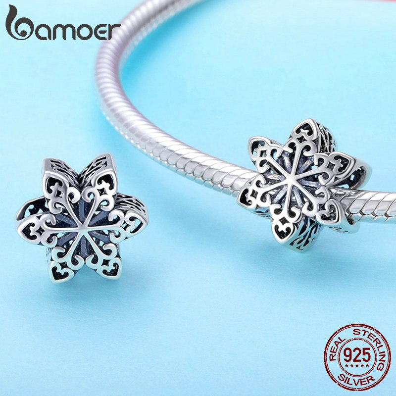 Bamoer genuine 925 prata esterlina elegante floco de neve contas a céu aberto ajuste feminino charme pulseiras & colar jóias diy scc719