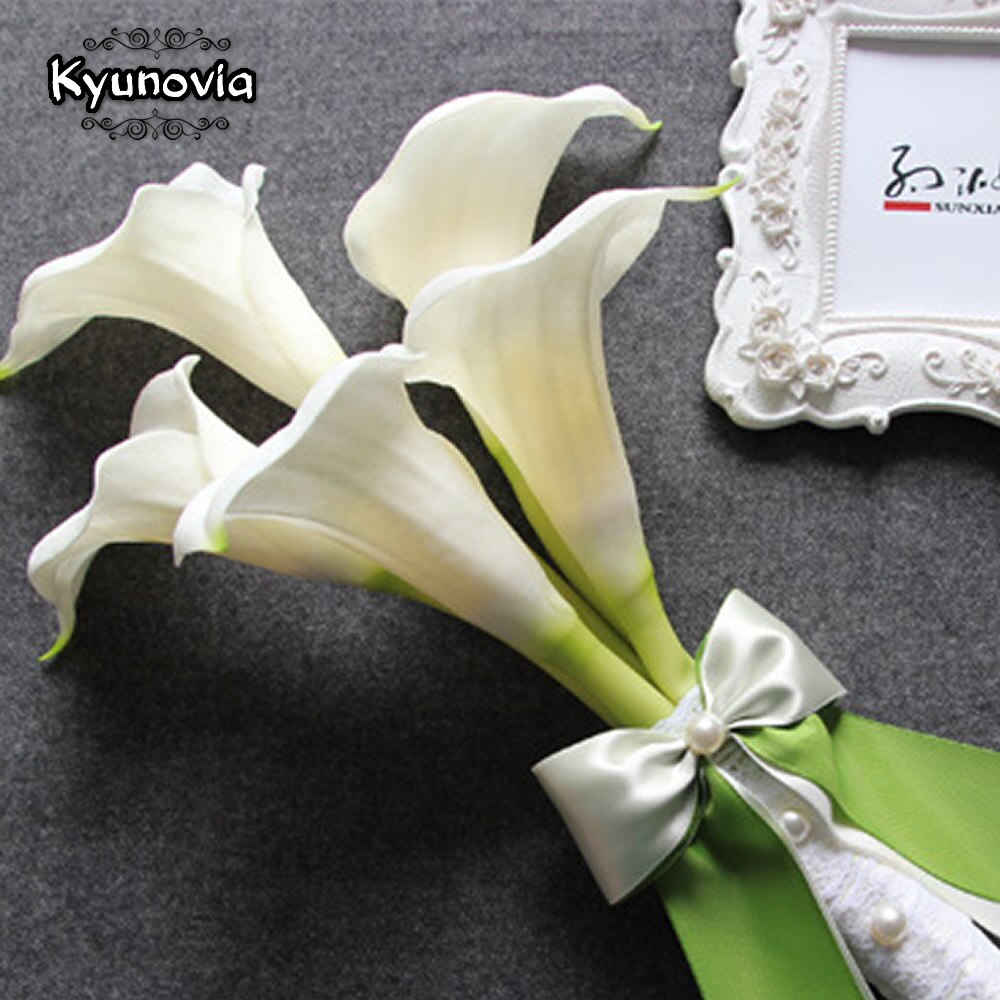 Kyunovia Latex Real Touch Artificial Calla Lily 5 Stems Flower Bouquet Bridal Bridesmaid bouquet White Wedding Bouquet D76