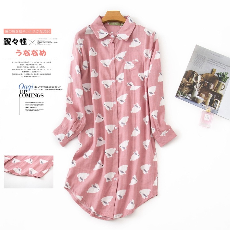 Mais tamanho de moda inverno noite vestido feminino pijamas pijamas 100% algodão escovado fresco: Pink Rabbit / M