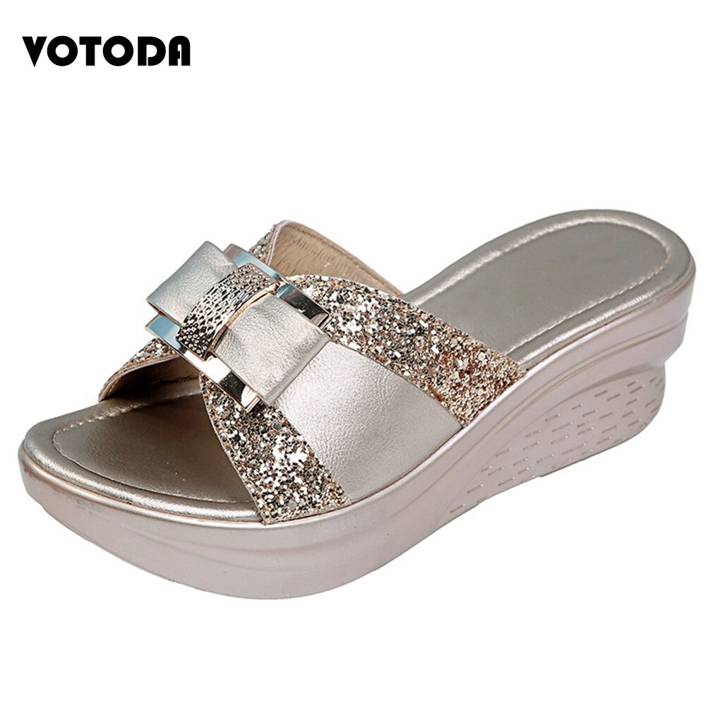Sommar kvinnor platåskor bling kilar tofflor rosett paljetter flip flops pu läder sandaler skor kvinnlig casual platta skor kvinna: Guld- / 8