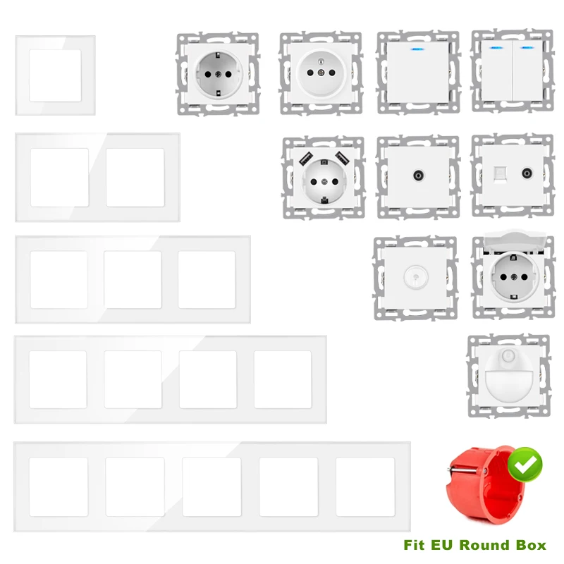 NYWP-wall mount module diy European standard white glass panel power socket switch button, hdmi, free combination of functions