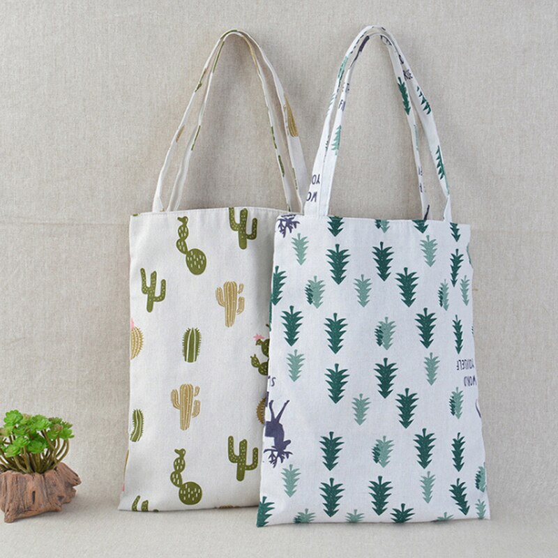 1pc Reusable Foldable Shoulder handbag Pine cactus linen bag Women Canvas Bags shopping outdoor canvas shoulder bags