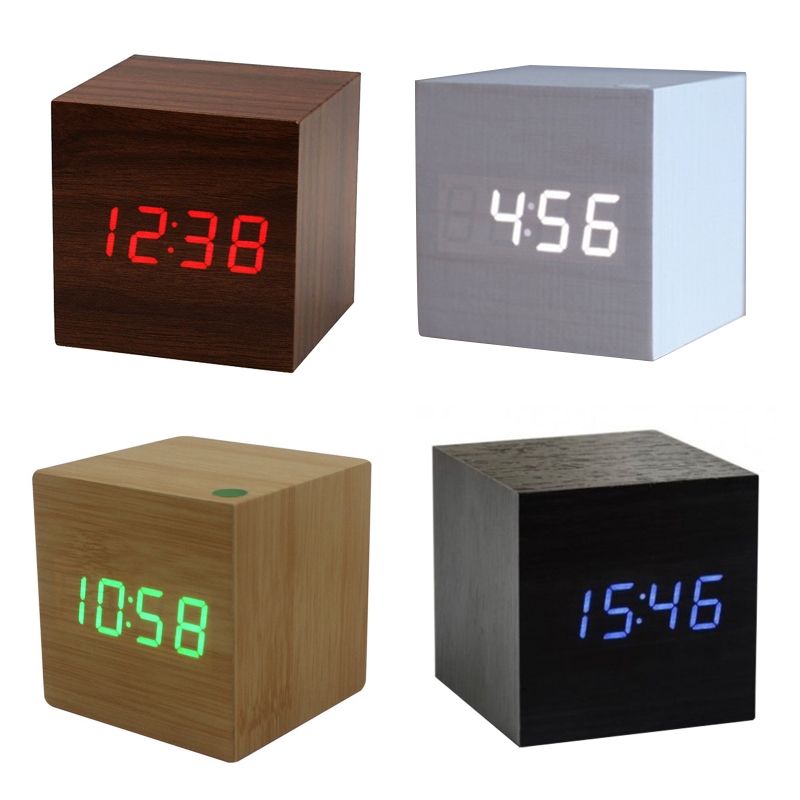 Wooden Led Alarm Clock Electronic Digital Display Time Clock Mute Cube Clocks for Home Bedroom Dormitory Waking Up Wood Trend