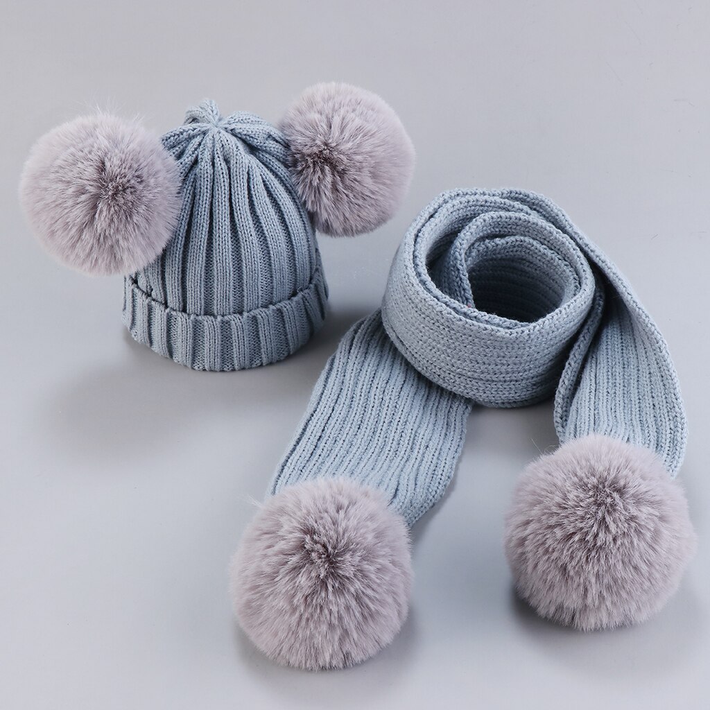0-3Years Infant Baby Girls Boys Accessories Kids Ribbed Knitted Hats Scarf 2PCs Set Winter Warm Caps Solid Fuzzy Balls Beanies: Blue