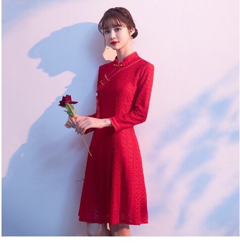 1 Stks/partij Chinese Stijl Vrouw Kanten Jurk Rood Roze Jurk Cheongsam Nieuwjaar Kerst Jurken Vrouwen Lange Mouwen Qipao: 1 / 5XL