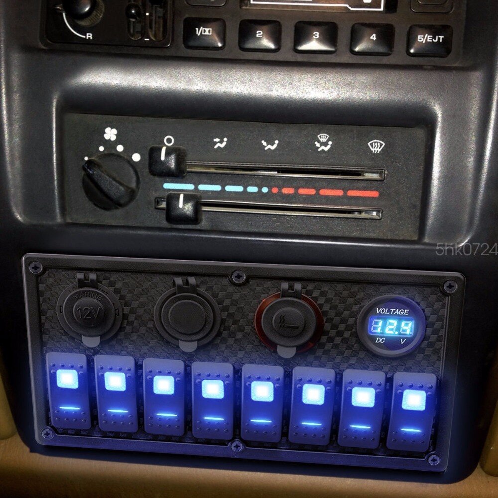 Marine Boat Rocker Switch Panel 8 Gang Waterproof ON Off Toggle Switches with Digital Voltage Display 3.1A Double USB