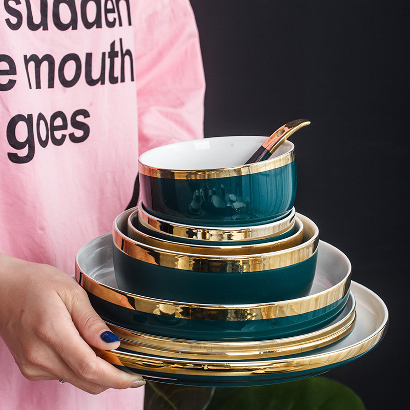 Nordic Stijl Groene Keramische Goud Inlay Diner Plaat Steak Food Lade Servies Rijke Soepkom Fruit Dessert Servies Set