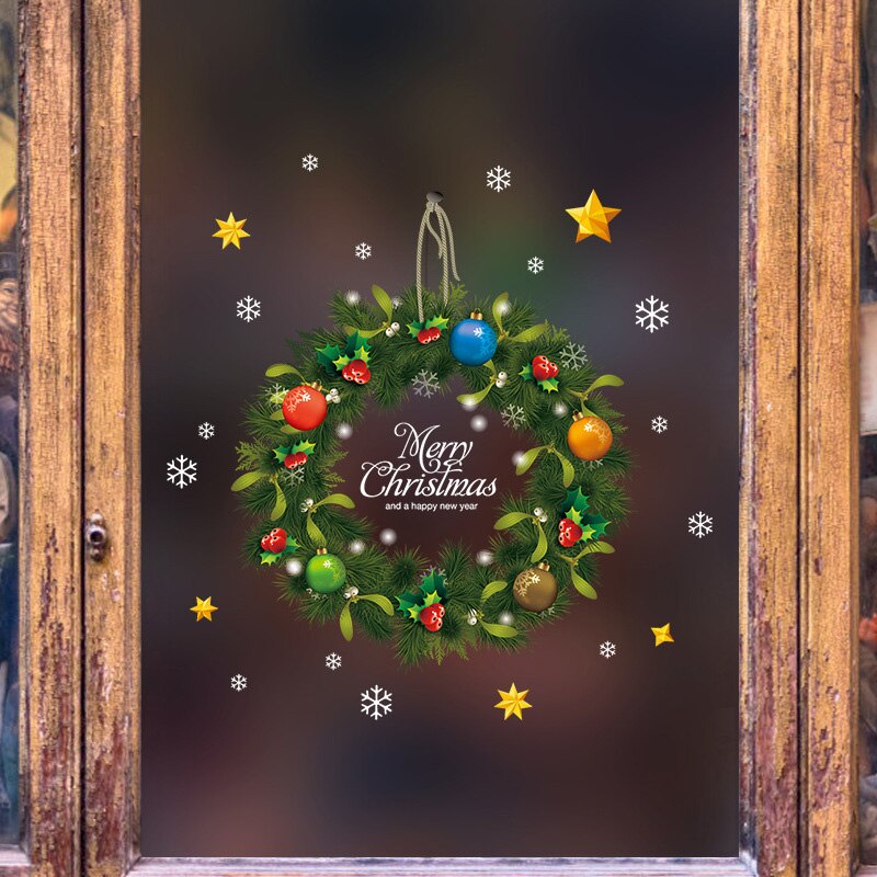 Christmas-Sticker Glass Window Self-adhesive Paper Green Garland Stickers Shopping Mall Store Glass Door Dress Up