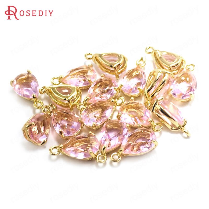 10PCS 7x10MM 24K Champagner Gold Farbe Messing und Glas Tear Form Charms Anhänger Schmuck machen Liefert Diy Zubehör: Pink