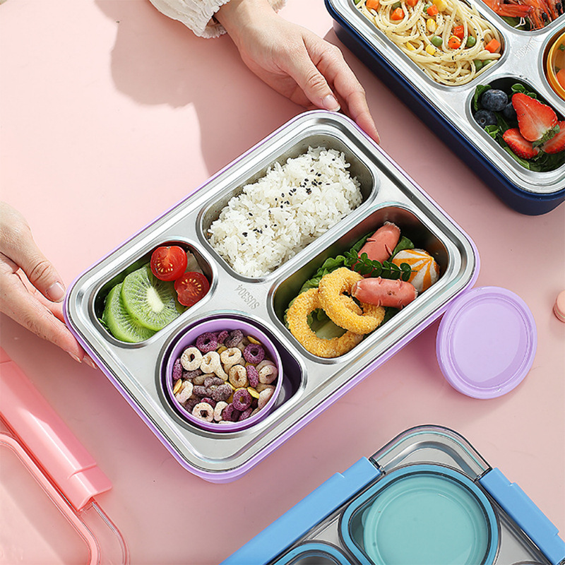 Stainless Steel 4 Divided Compartments Bento Lunch Box Kids Insulated Lunch Box for School Office Kitchen Food Storage Container