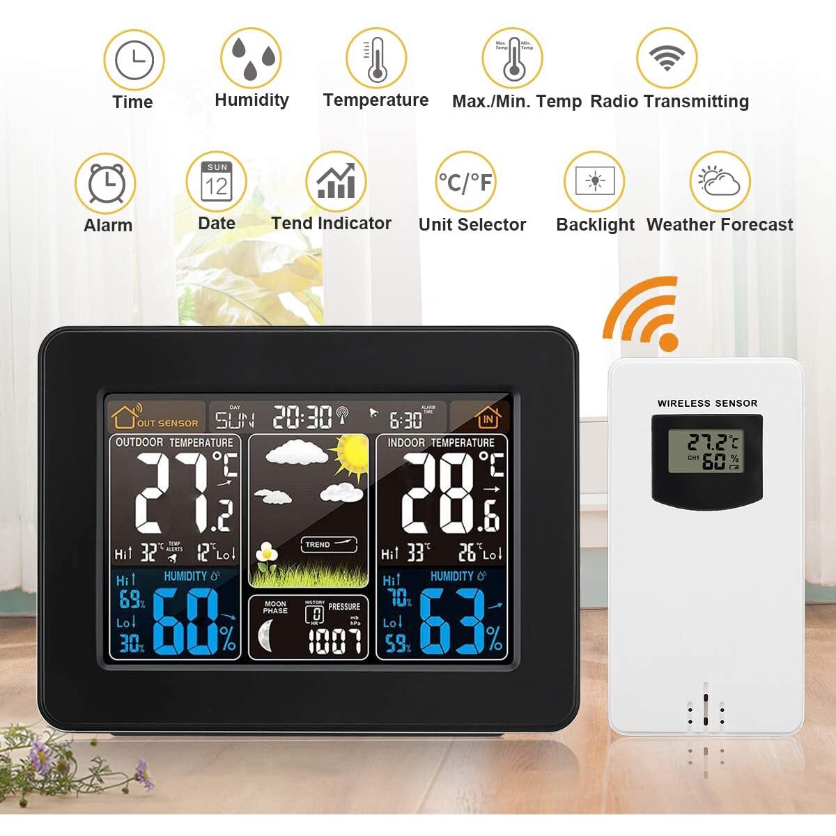 PT3365 Digital Color Forecast Weather Station Weather Clock with Alert and Temperature/Humidity/Barometer/Alarm/Moon Phase/Clock