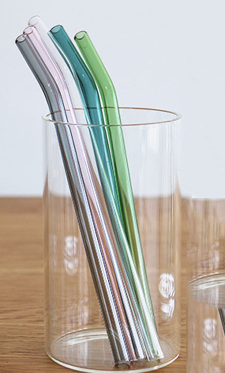 5 stk/ parti kreativt farvet gennemsigtigt glashalm høj temperaturbestandigt buet halmjuice drinkrør til smoothies: 5 buet halm