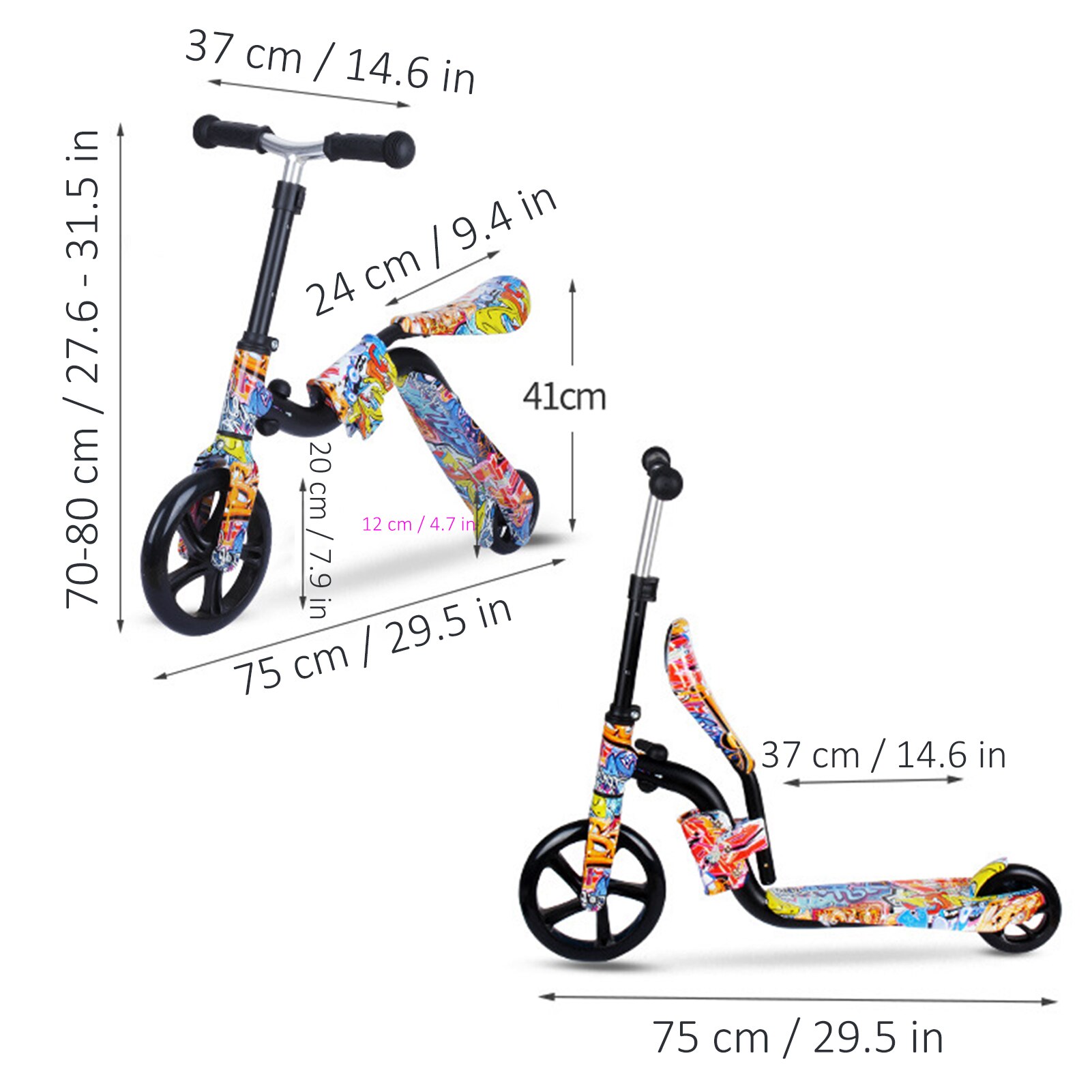 2In1 Kick Scooter for Kids Big Wheels Scooter Folding Kick Scooter for Toddlers 3-12Year with Adjustable Height and Seat Scooter