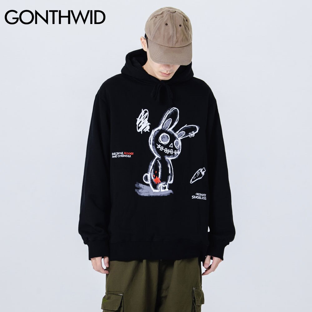 GONTHWID Carrot Smiling Rabbit Print Sweatshirts Streetwear Mens Hooded Hoodies Hip Hop Harajuku Casual Pullover Coat