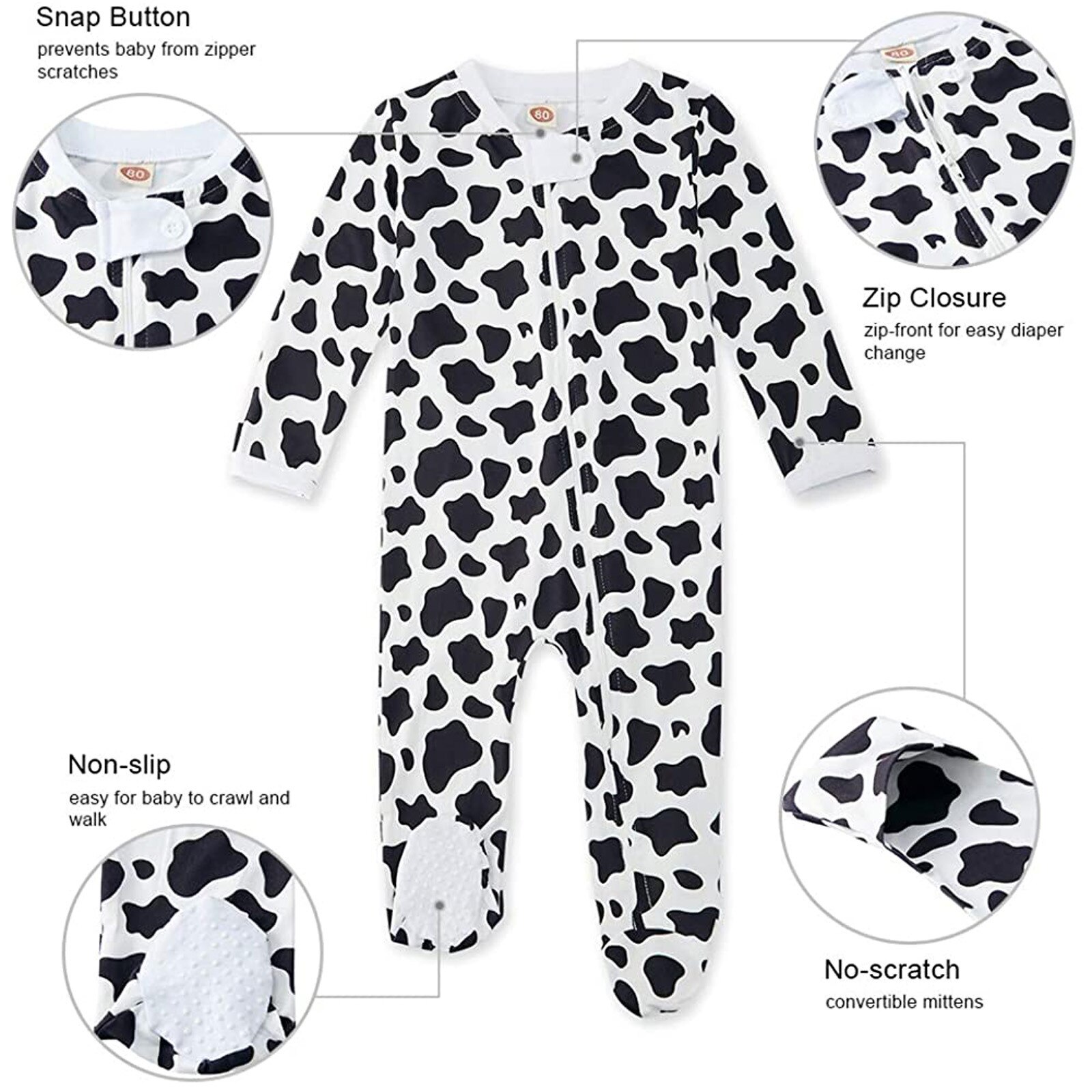 Baby Baby Jongens Meisjes Koe Print Pyjama Nachtkleding Rits Betaalde Pak Romper Jumpsuit Baby Kleding Polka Dot Koe Patroon