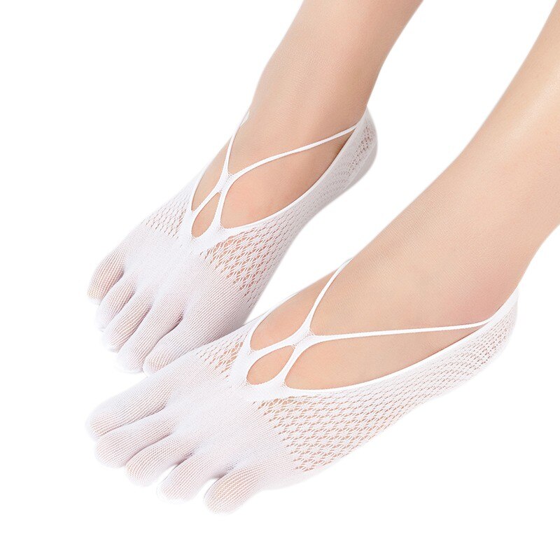 Five-finger Sock Women Slippers Velvet Summer Mesh Breathable Invisible Shallow Silicone Boat Socks Cross-hole Style: White