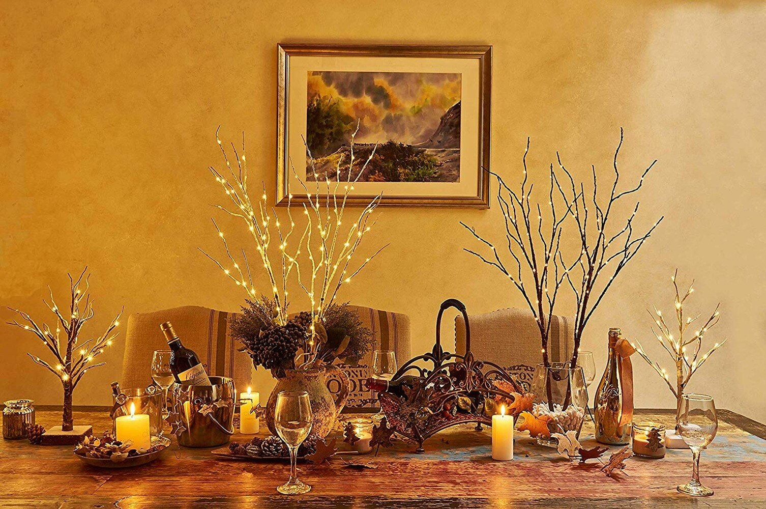 3Pack Pre Lit Artificial Brown Twig Branch with Fairy Lights 150LED Plug in Lighted Willow Branch for Christmas Indoor Outdoor