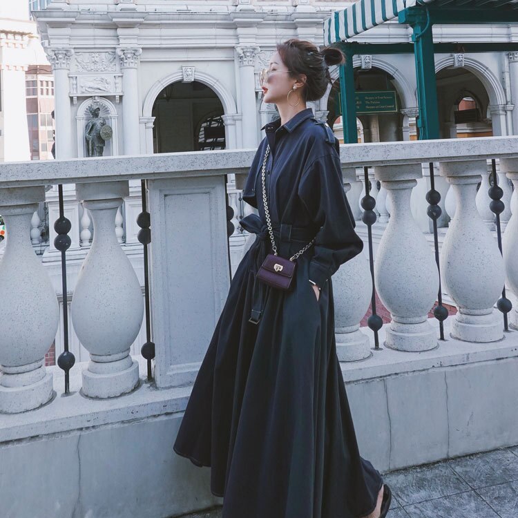 herbst Frauen Lange Kleid Drehen Unten Langarm Frauen lässig max Kleid Mit Gürtel Graben Stil Frauen Kleid Vestidos