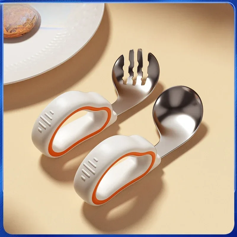 1PCS Baby Eating Training Soft Silicone Fork Spoon Short Handle Baby Easy To Grip 316 Stainless Steel Fork Spoons
