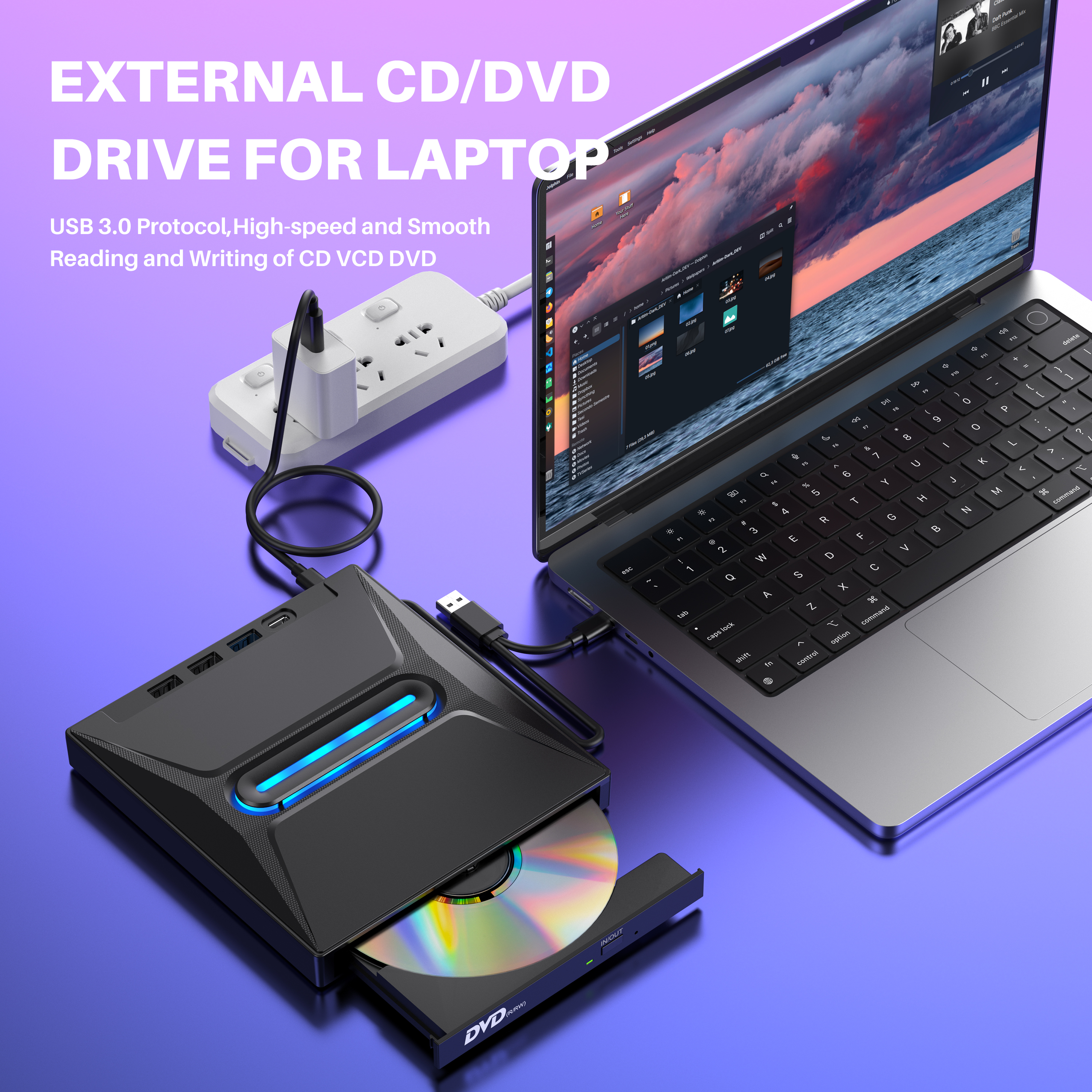 External CD DVD Drive Pro - Portable Typ C CD/DVD+/-RW Drive with SD Card Reader, CD ROM Burner, and DVD Player Hub - Co