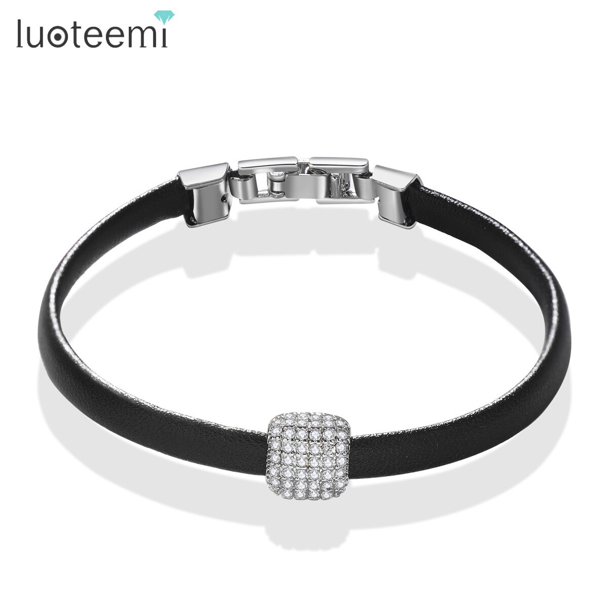LUOTEEMI Trend Leather Simple Geometric Zircon Bead Handmade Charm Bracelets &amp; Bangles for Women Trendy Black PU Leather Jewelry