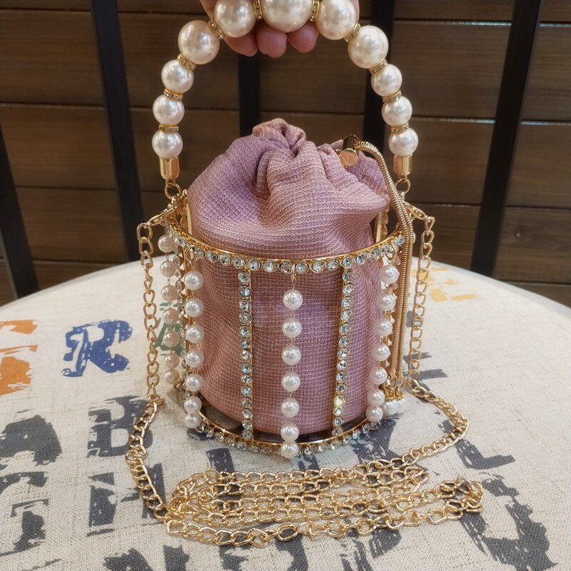 INS Pearls Metallic Cage Evening Clutch Bag Women Hollow Out Bucket Bag Acrylic Chain Handbag Bridal Beaded Shoulder Bag