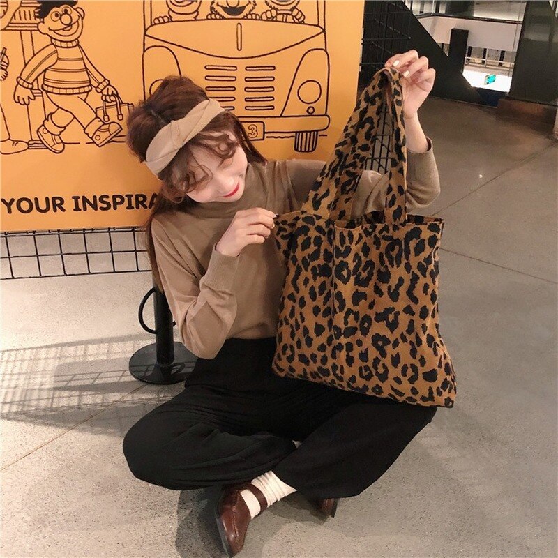 Kvinner skulder lerret shopper bag leopard print koreansk shopping bag casual kvinnelig veske bomull stoff tote poser for kvinner