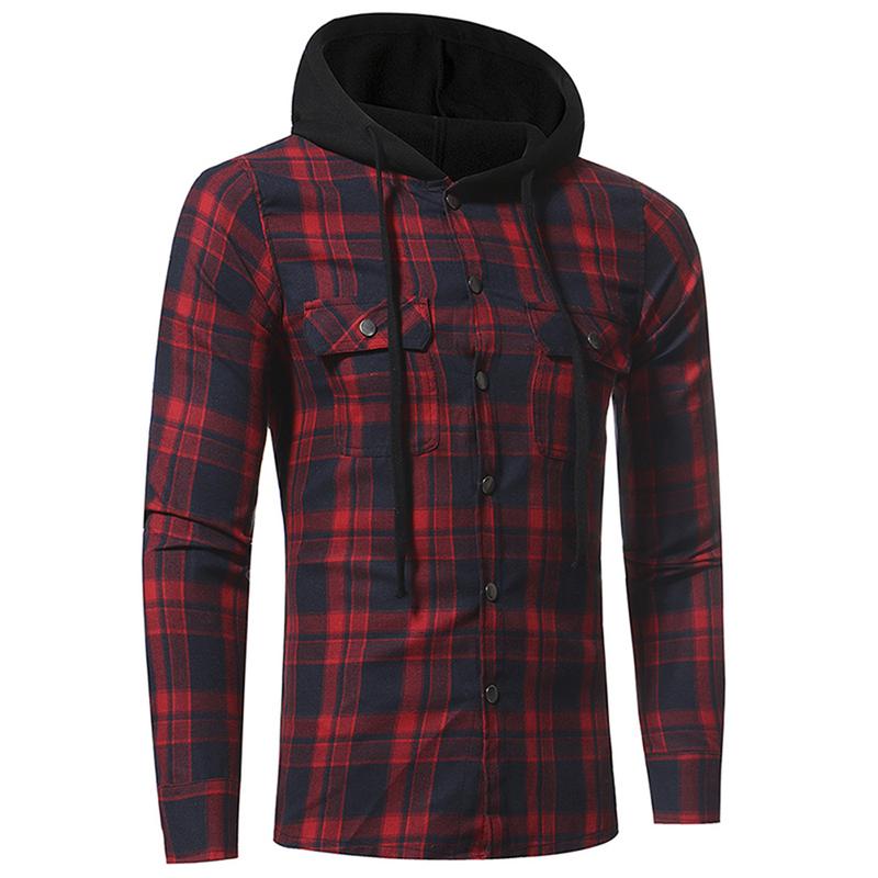 Mens Flanel Plaid Dubbele Zakken Hooded Shirt Casual Leisure Gecontroleerd Patroon Longsleeved Overhemd