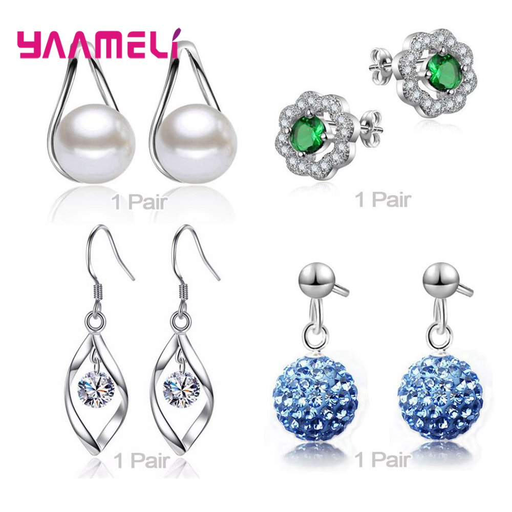 Trendy Vrouwen Oorbellen Echt 925 Sterling Zilver Natuurlijke Kristal Parel Party Accessoires 4 Paar Gemengde Sieraden