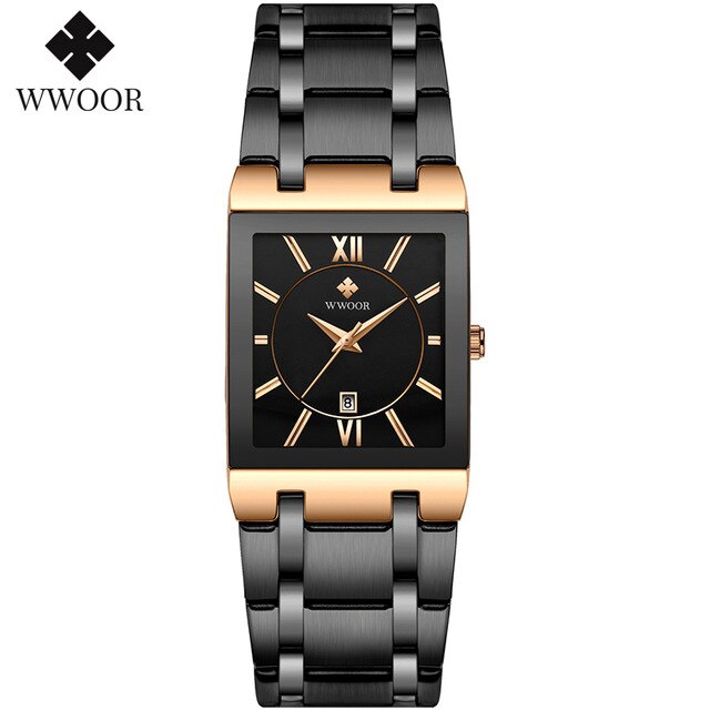 WWOOR-Relojes de pulsera para mujer, de cuarzo, Cuadrado dorado, rosa, deportivo, resistente al agua,: black rose