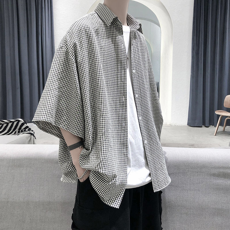 Summer Plaid Shirt Men's Retro Casual Shirt Men Streetwear Korean Loose Short-sleeved Shirt Mens Dress Shirt S-2XL