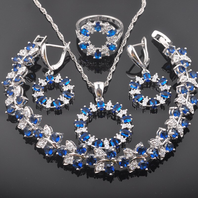 Blue Zirconia Zilver Kleur Voor Vrouwen Sieraden Sets Kristal Armband Ketting Hanger Oorbellen Ring QS0416