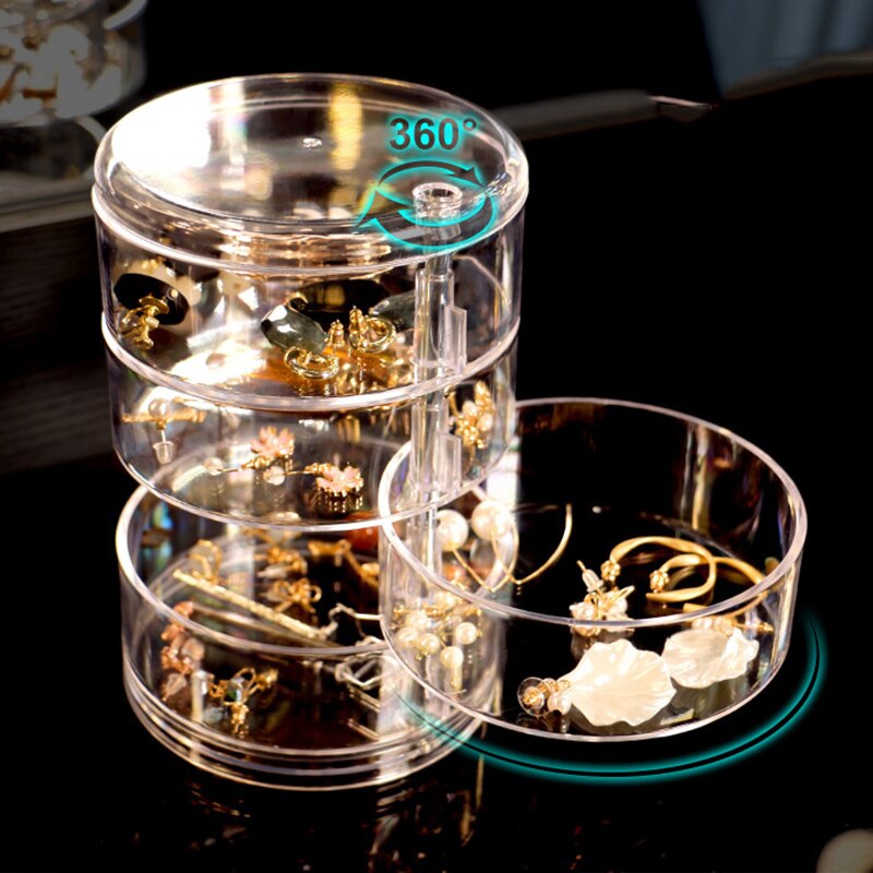 Transparent 360 Degree Rotating Dustproof Jewelry Box Small Multilayer Earring Ring Hairpin Jewelry Display Rack Storage Box