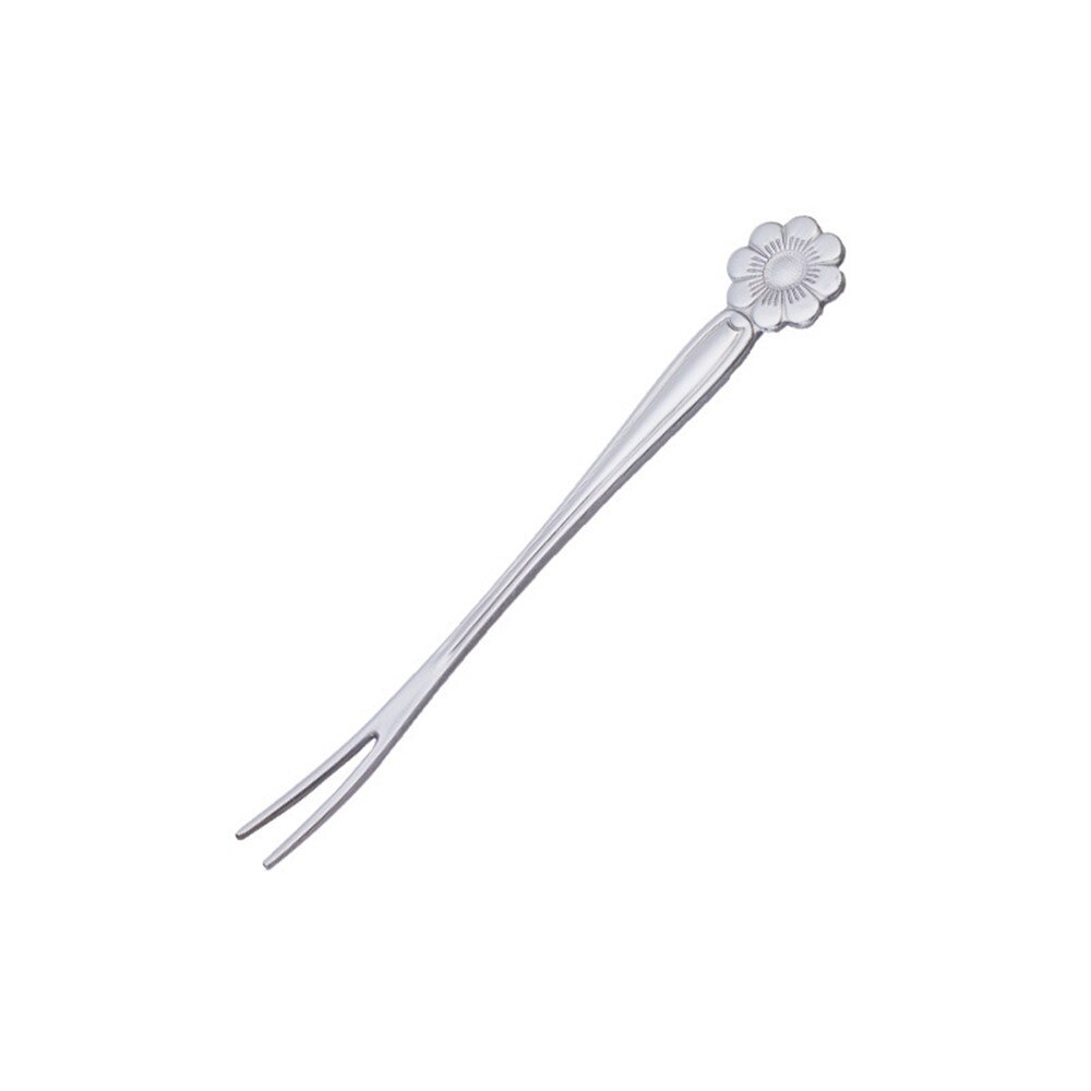 Tenedor de fruta de dos dientes de acero inoxidable forma de flor tarta postre tenedor suministros accesorios de vajilla de cocina: Silver 2